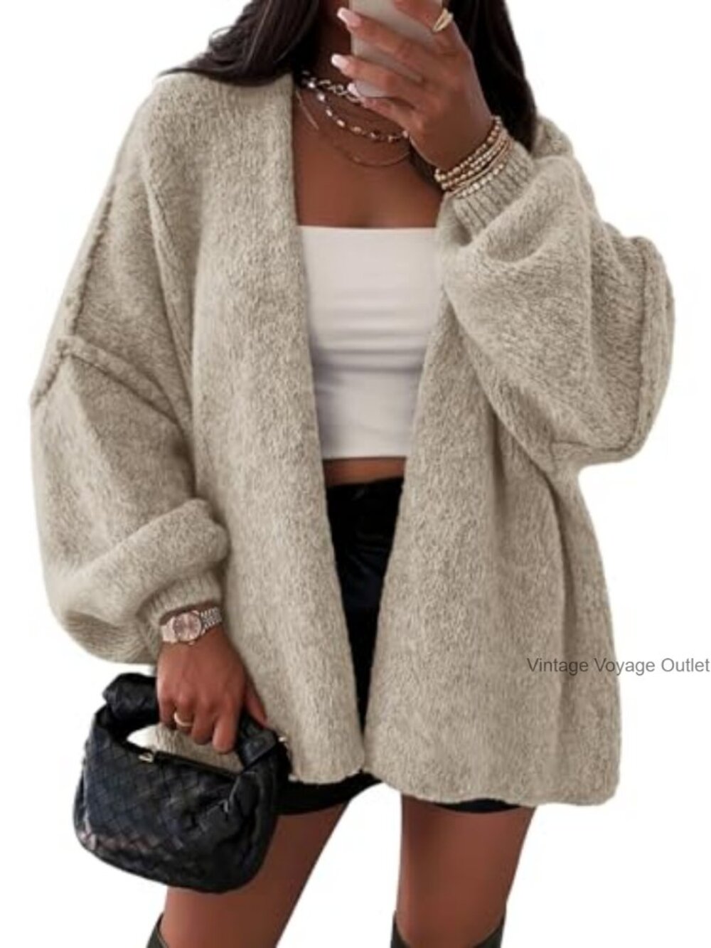 Women's Oversized Open Front Cardigan Sweater Lantern Sleeve Loose Knit
